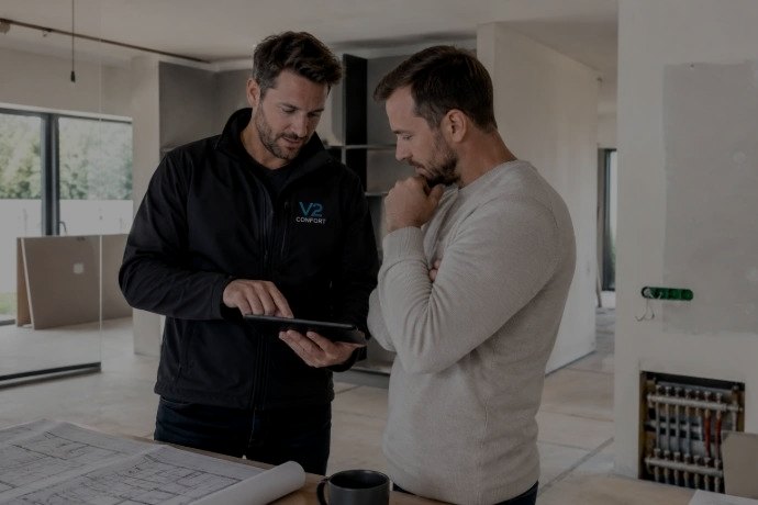 Un professionnel V2 Confort présente un projet technique à un client