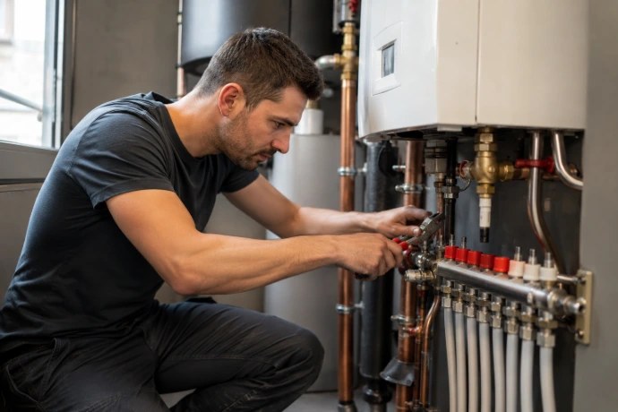 Technicien réalisant une intervention sur une installation