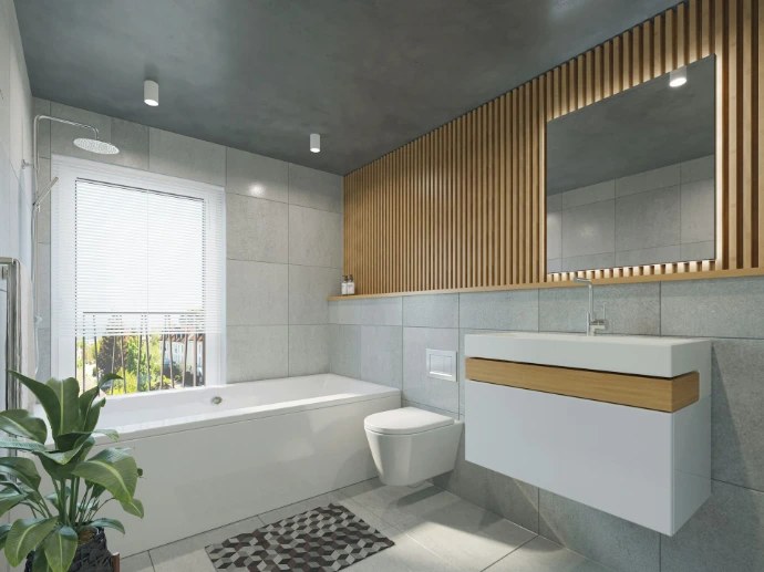 Salle de bain contemporaine avec paroi en bois